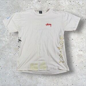 Stussy Multi Graphic Print Crown T Shirt Mens Large Cream White Skater Tee